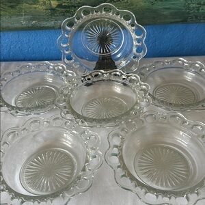 7 Vintage Anchor Hocking Clear Glass Reticulated Lace Bowl Dish 6.5" Wide
